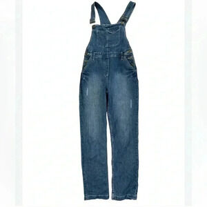 [W18L26]Lightly Distressed Blue Denim  Straight Leg Overall Jeans